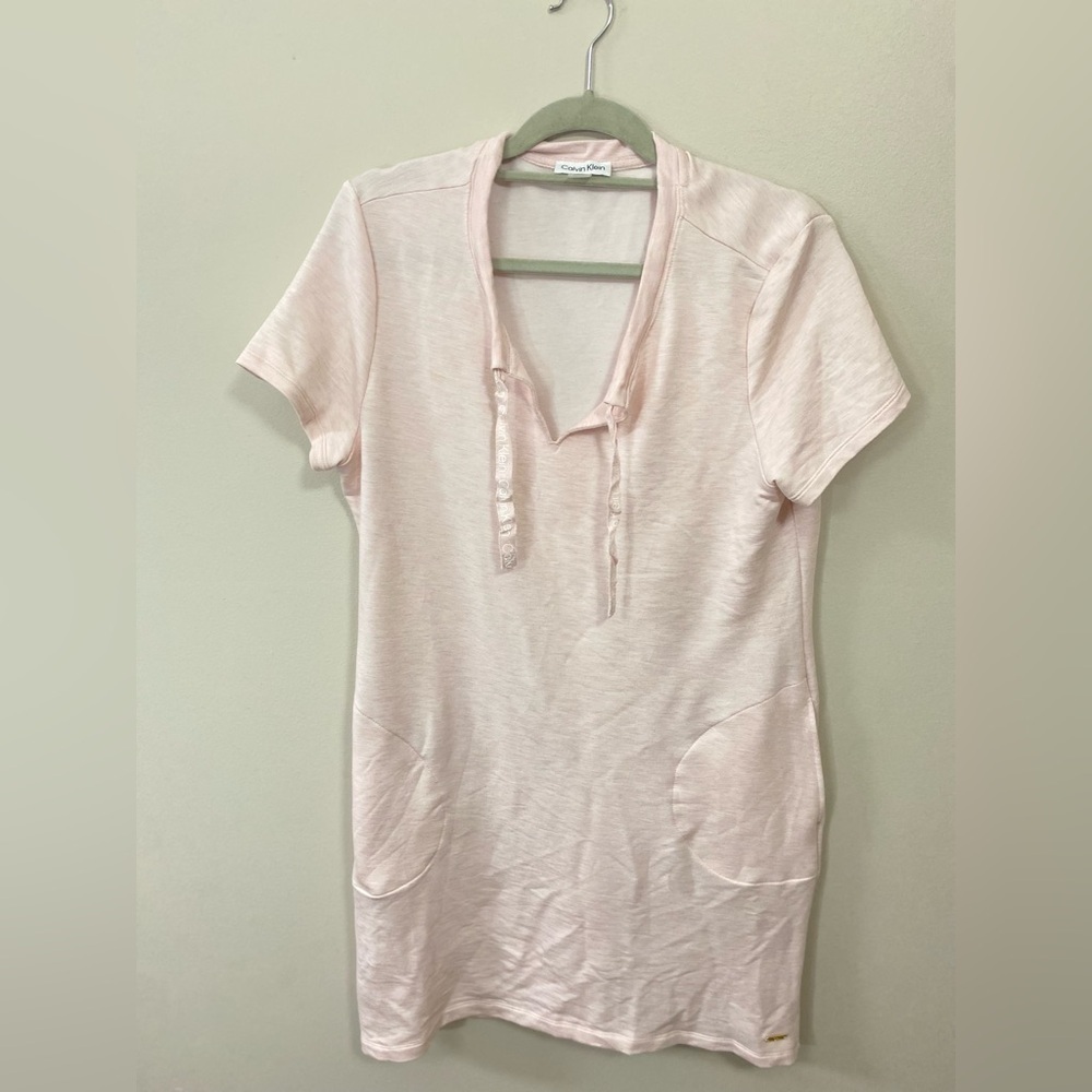 Women’s CALVIN KLEIN Pink Casual Athletic Clean Girl V Neck Dress Shirt Size L - Picture 2 of 12